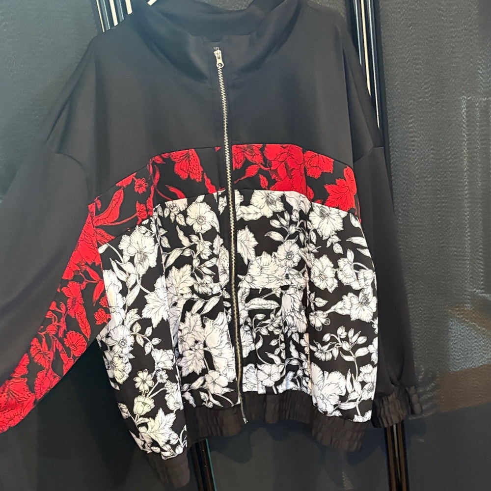Ashley Stewart Black, Red, and White Floral Bomber Jacket